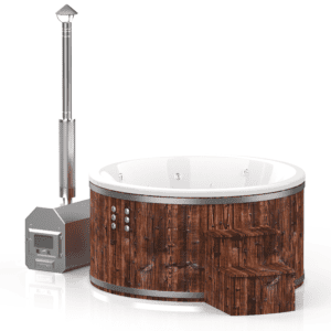 Fiberglass round hot tub (external heater) – Burnt wood
