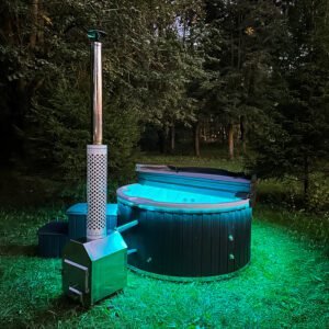 Fiberglass round hot tub (external heater) – WPC plastic cladding